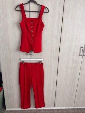 Maeve Red Button-Front Crop Top & Tailored Pants Set
